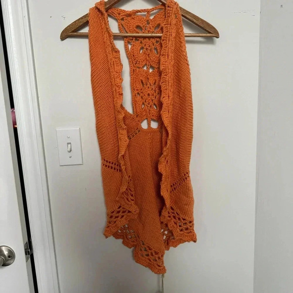 NWT Handknit Orange Crochet Vest/Shawl Bohemian Artsy Knit S/M - Picture 3 of 5